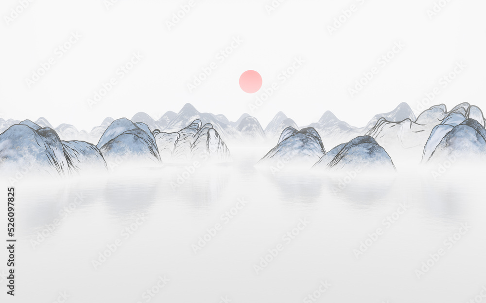 水墨画的山脉，三维渲染。
