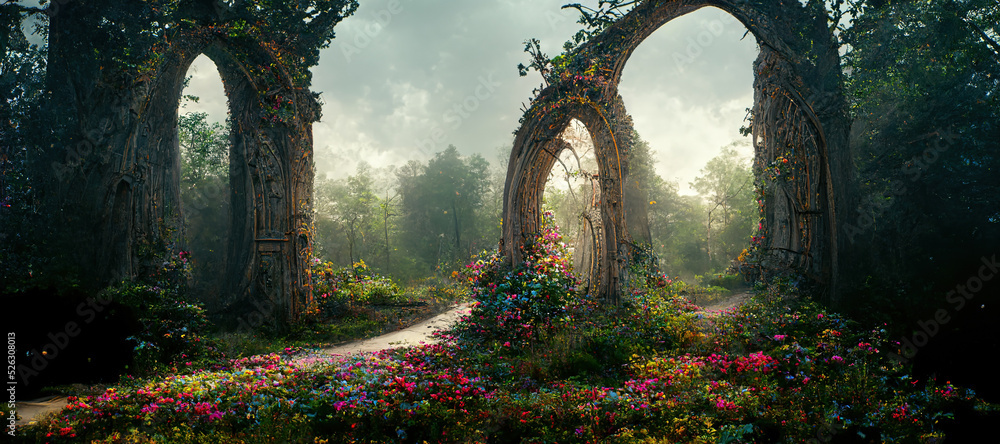 Spectacular archway covered with vine in the middle of fantasy fairy tale forest landscape, misty on