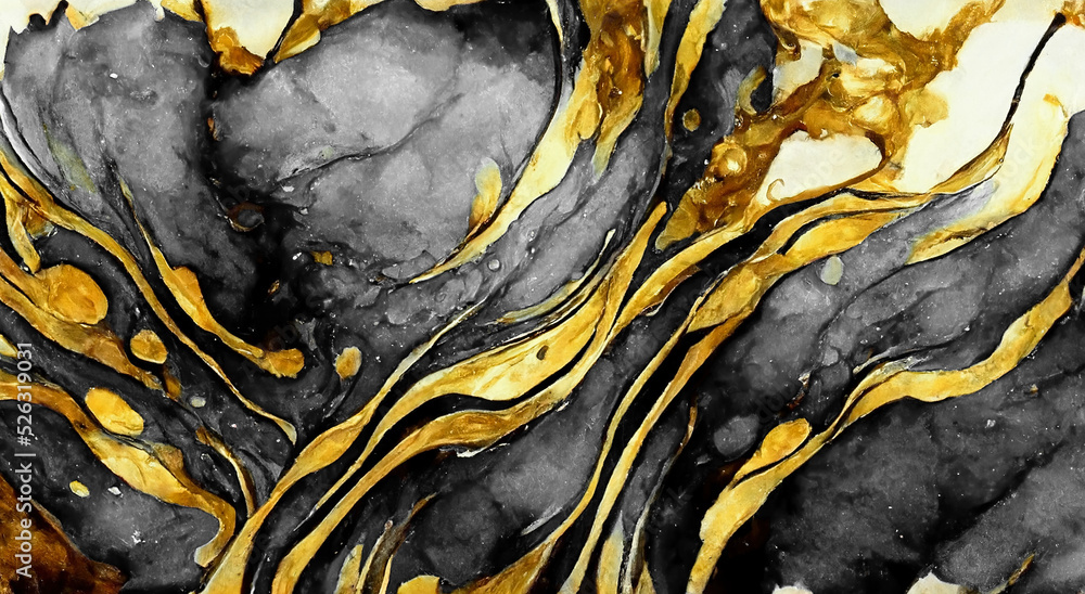 一个壮观的黑色和金色纹理抽象设计，像液体的固体波浪一样起伏。数字3