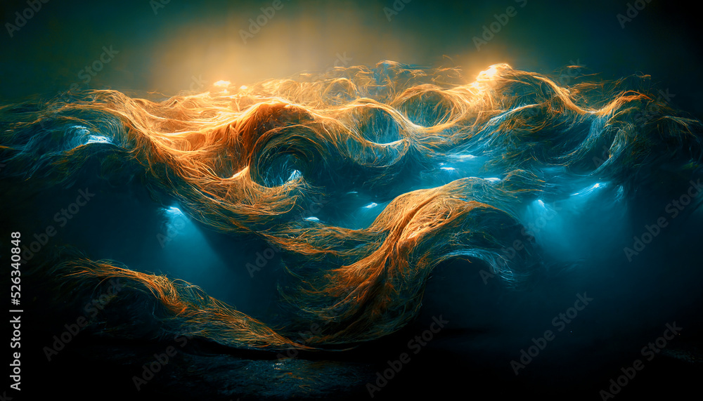 丝绸的壮观抽象像汹涌的海浪，来自上方的光线穿过t
