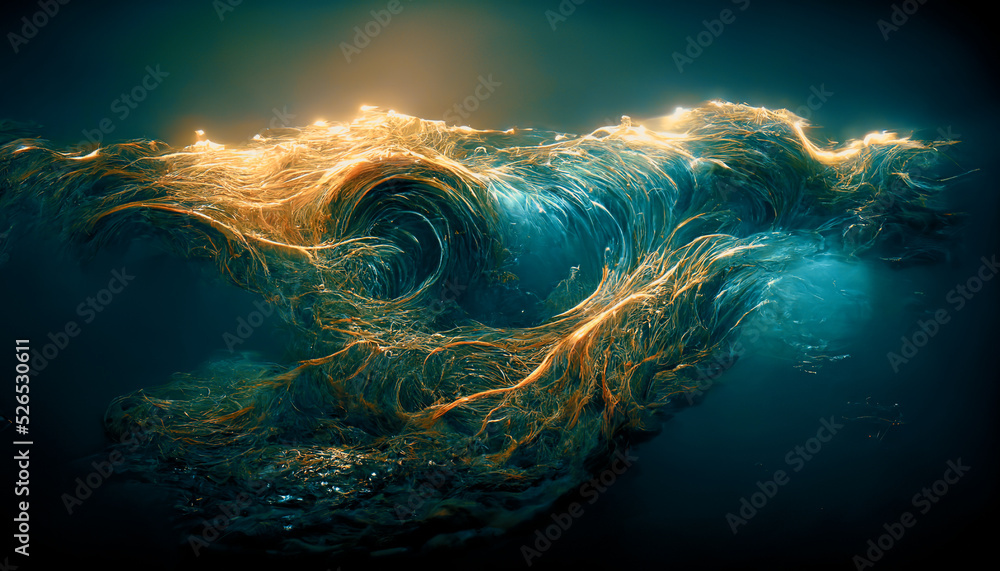 Spectacular abstract of silk is shaped like rough ocean waves, and light from above shines through t