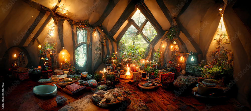 一座梦幻般的中世纪小屋内部的壮观照片，里面摆满了植物、家具和长椅