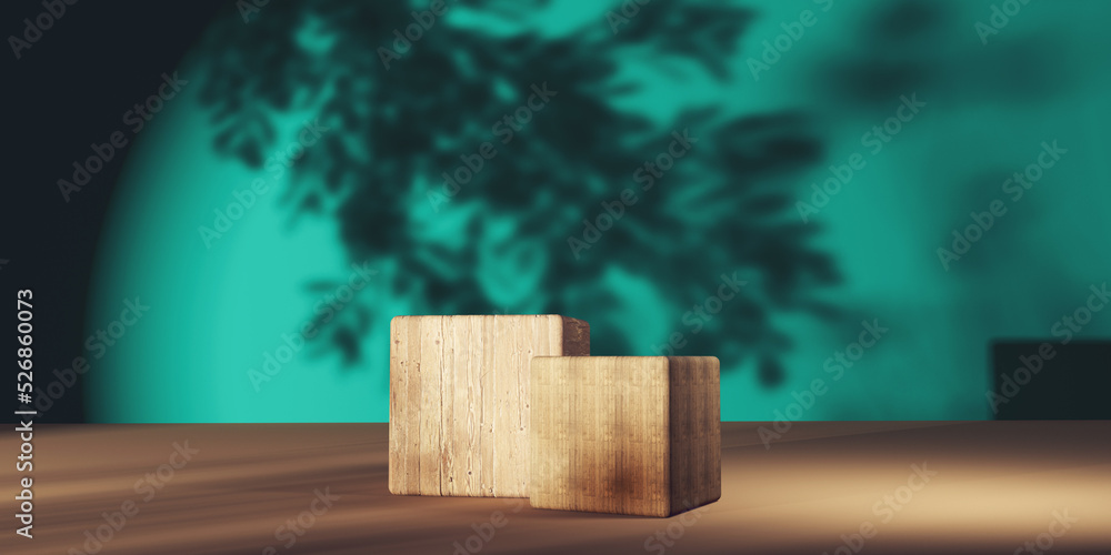 树木阴影下的房间里的木制立方体块-3D渲染
