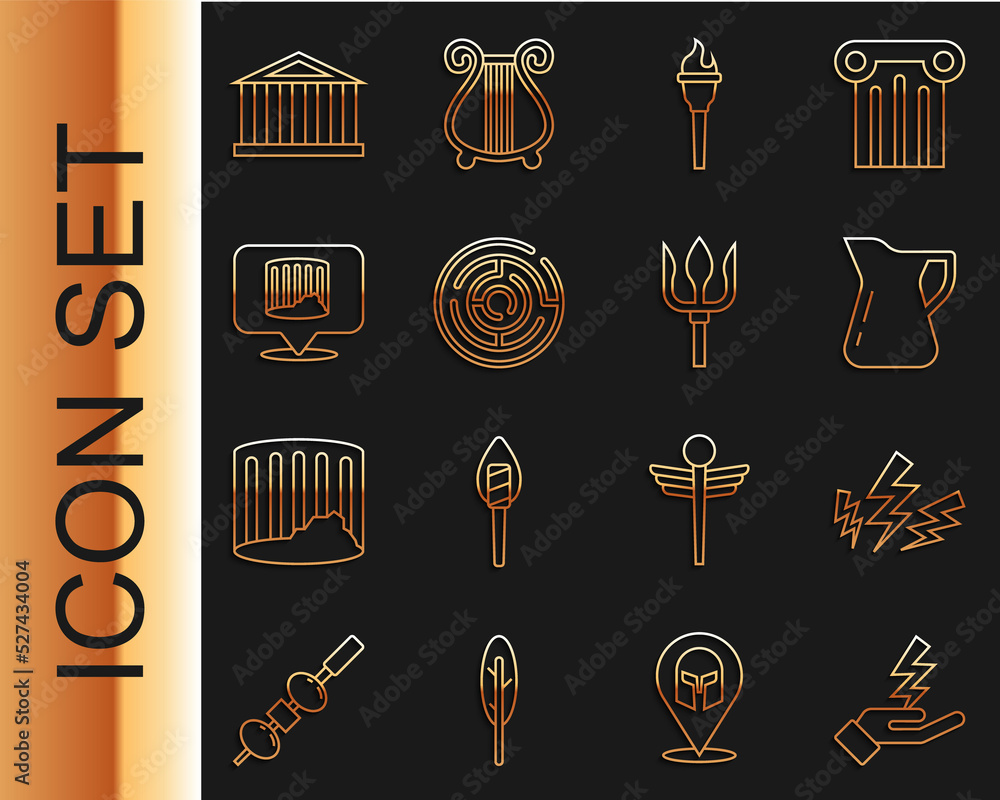 设定线宙斯，橄榄油瓶，火炬火焰，牛头怪迷宫，古柱，帕特农神庙和N