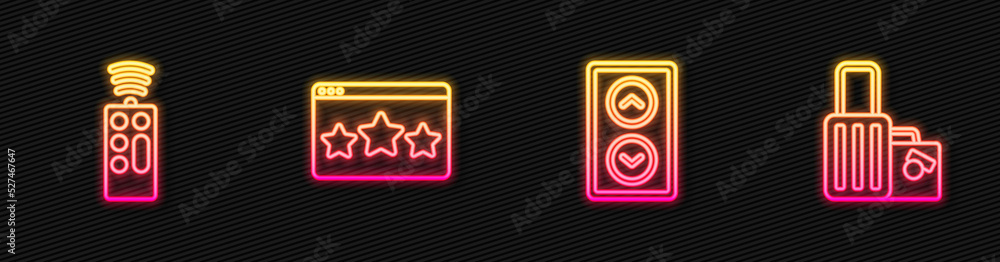 Set line Lift, Remote control, Five stars rating review and Suitcase. Glowing neon icon. Vector