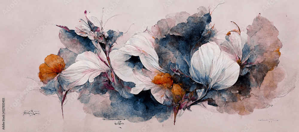 一朵花的手绘水彩，白色花粉，鲜艳的叶子，在白色背景下展示
