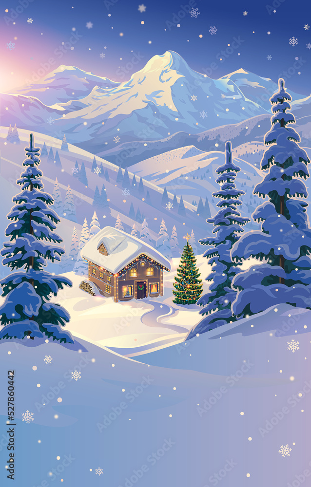 Winter landscape with a gingerbread house in a mountain valley, Christmas mood, a holiday card. Rast