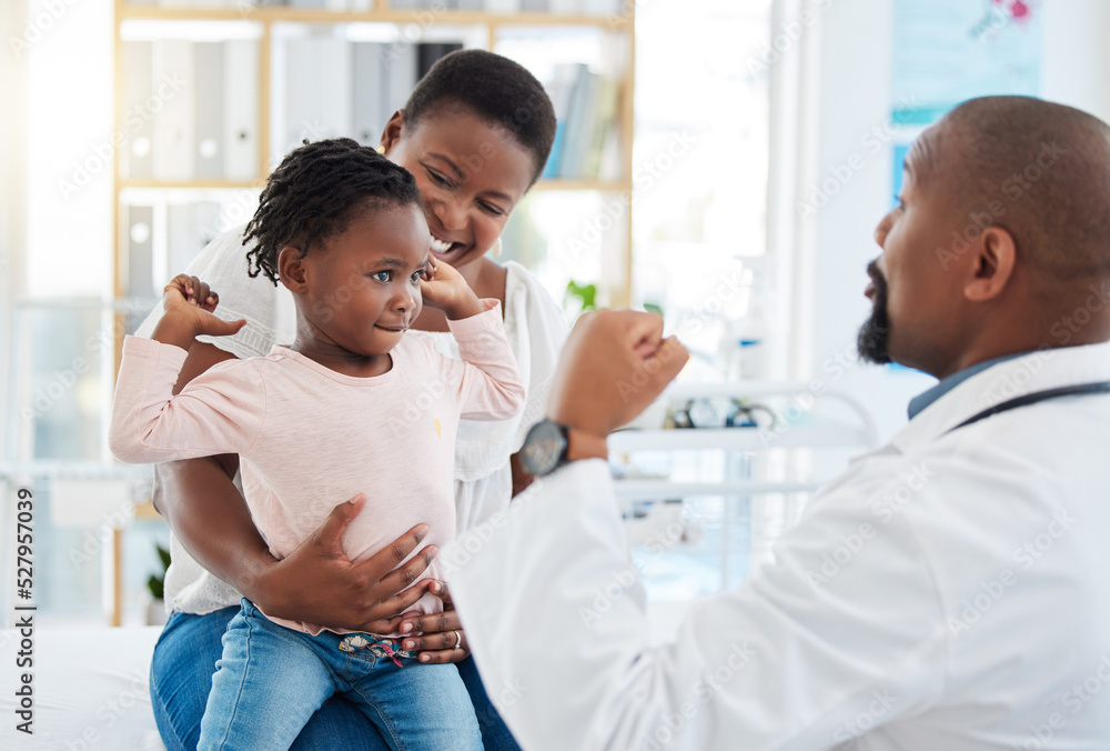 Pediatrician doctor with black family, baby and mother in clinic or hospital checkup appointment for