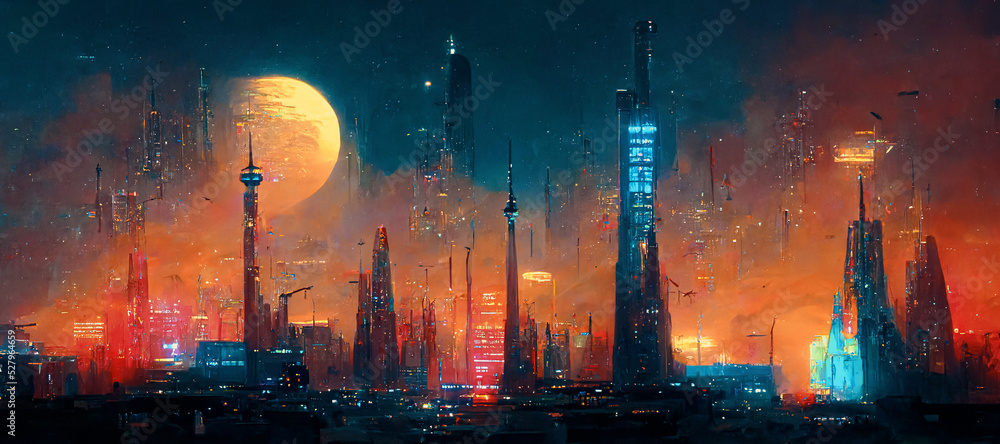 未来幻想世界赛博朋克城市的壮观夜晚，摩天大楼在飞翔