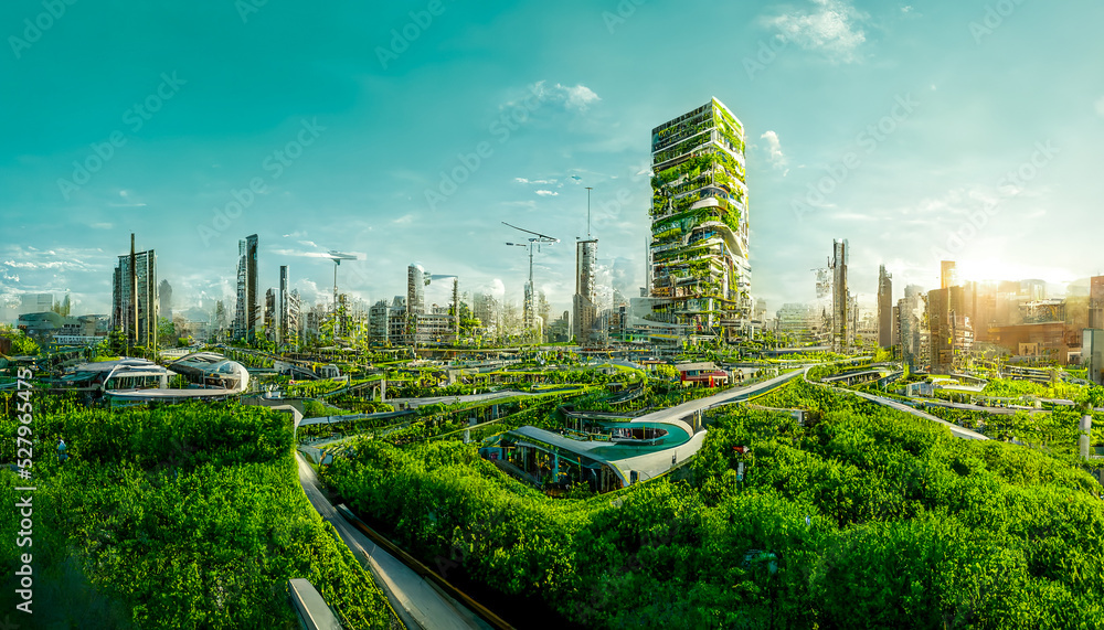 壮观的生态未来主义城市景观ESG概念，充满绿色、摩天大楼、公园和其他景观