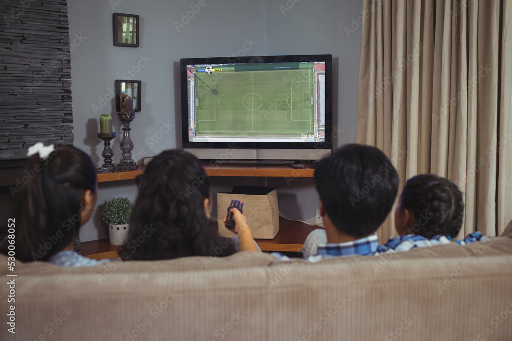 屏幕上有足球比赛的多样化儿童观看电视