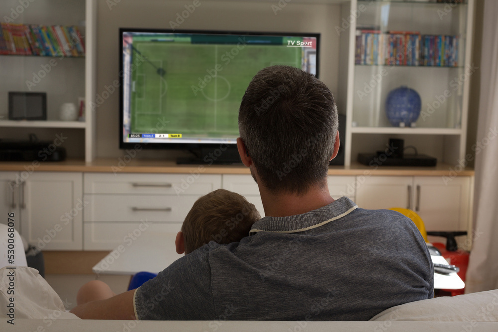 白人父亲带着儿子看电视，屏幕上有足球比赛