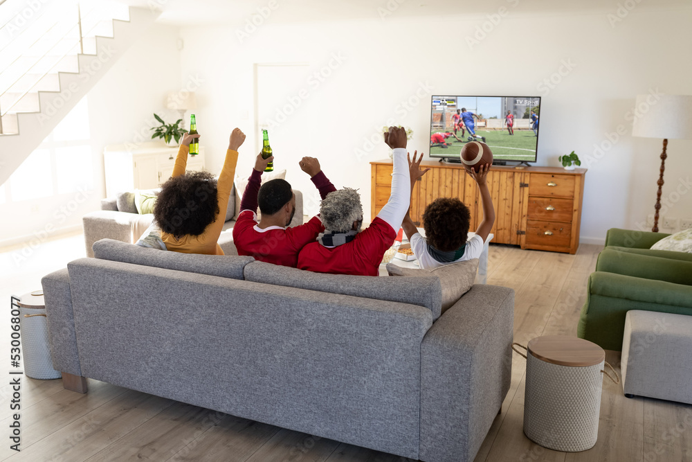 非裔美国人家庭看电视，屏幕上有足球比赛