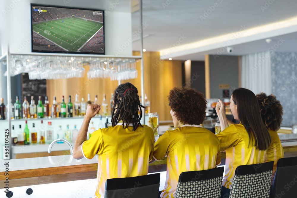 一群形形色色的朋友坐在酒吧里，喝啤酒，看足球比赛
