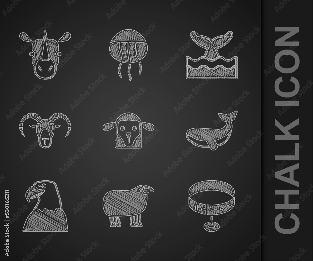 设置羊头、带名字标签的项圈、鲸鱼、鹰、山羊或公羊的头、海浪中的尾巴和犀牛