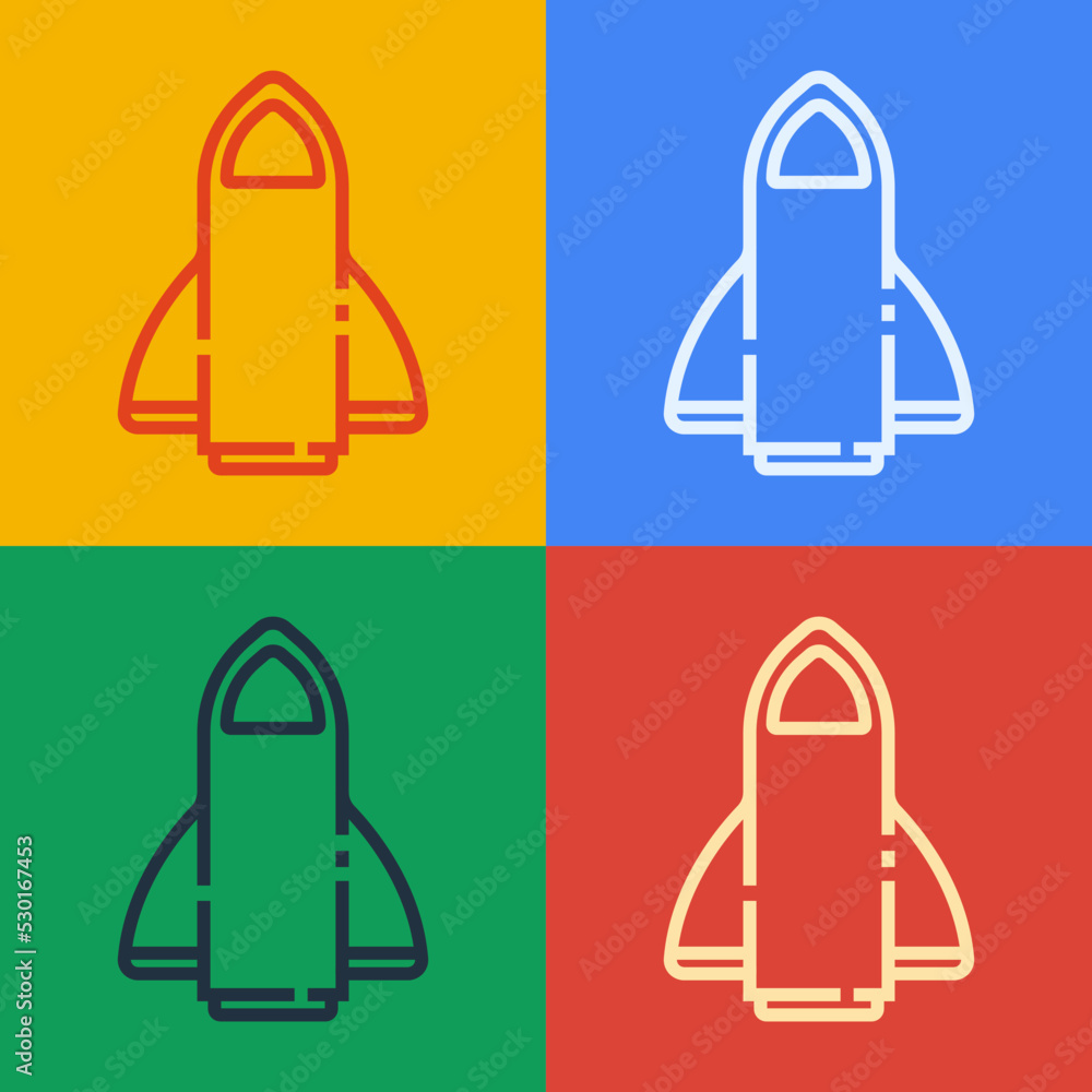 流行艺术线条火箭飞船图标隔离在彩色背景上。太空旅行。矢量