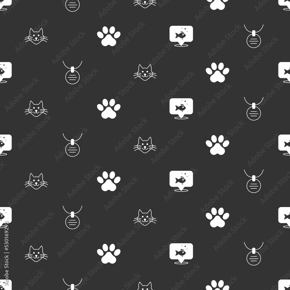 Set Fish, Collar with name tag, Cat and Paw print on seamless pattern. Vector