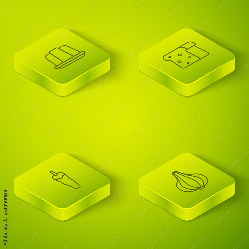 Set Isometric line Bread toast, Hot chili pepper, Garlic and Jelly cake icon. Vector