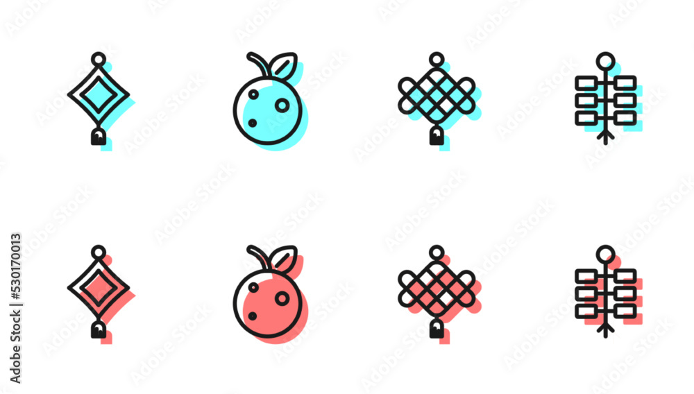 设线中国纸灯笼，桃果或油桃和烟花图标。矢量