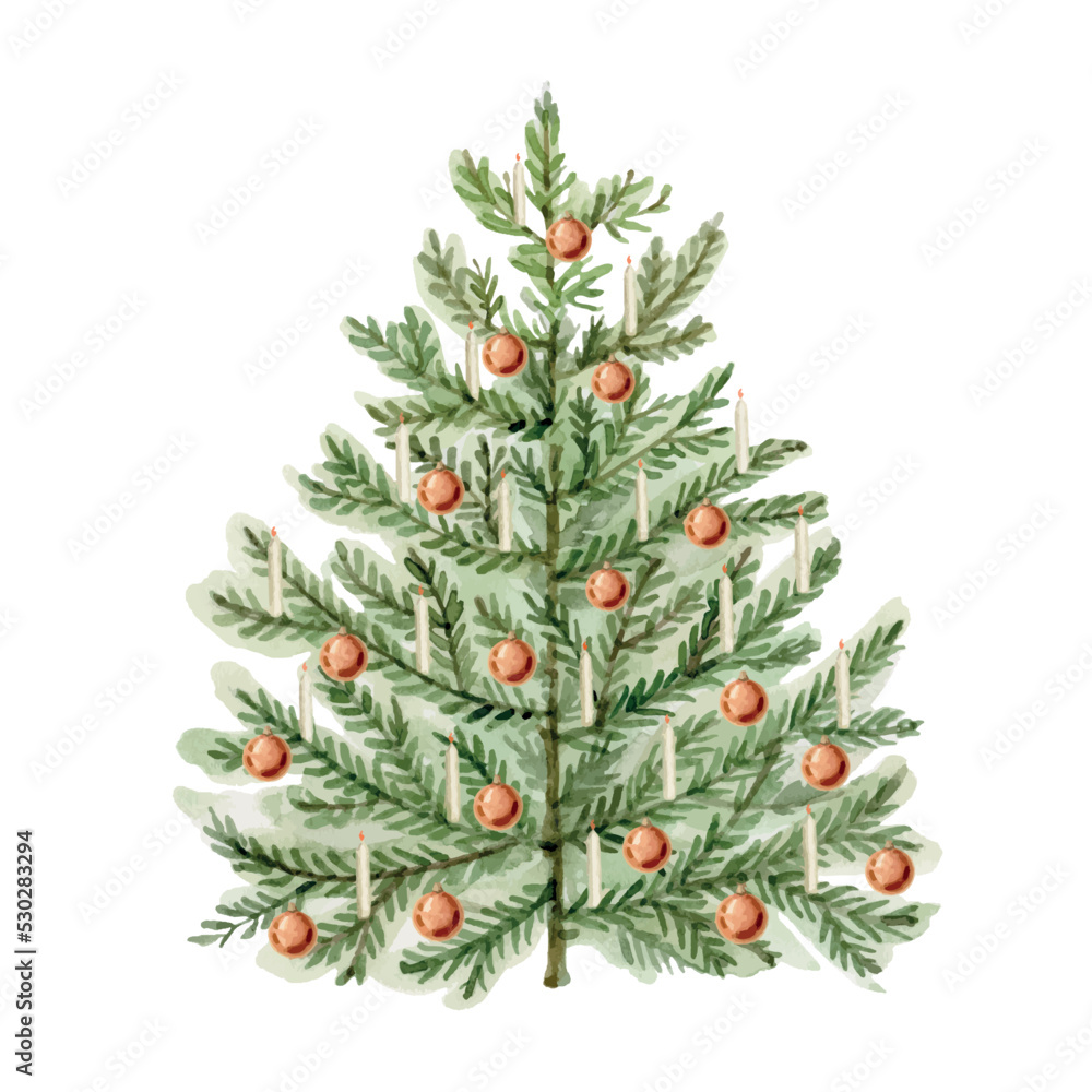 Watercolor vector greeting card with Christmas tree, balls and candles.