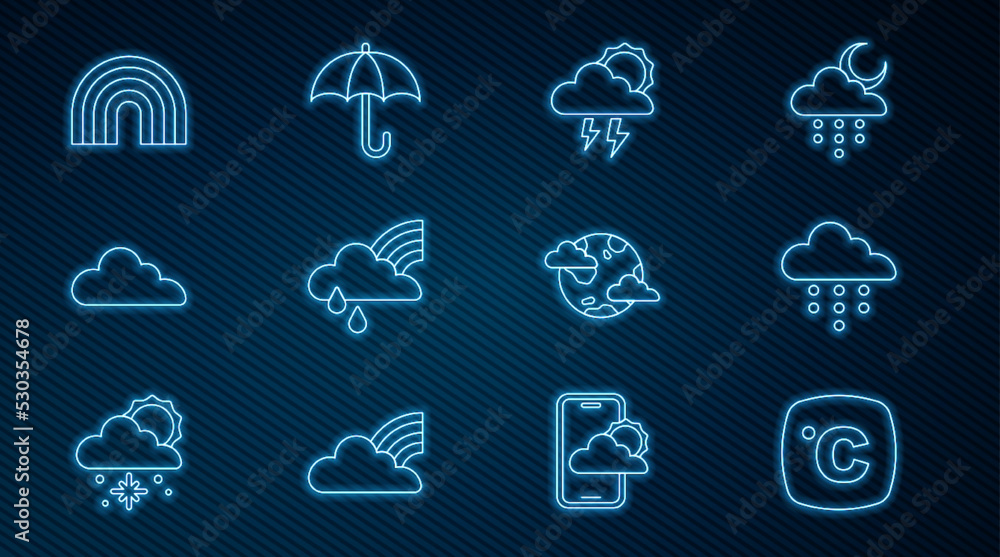 设定摄氏度、有雨的云、风暴、彩虹云、地球行星云和雨伞图标。