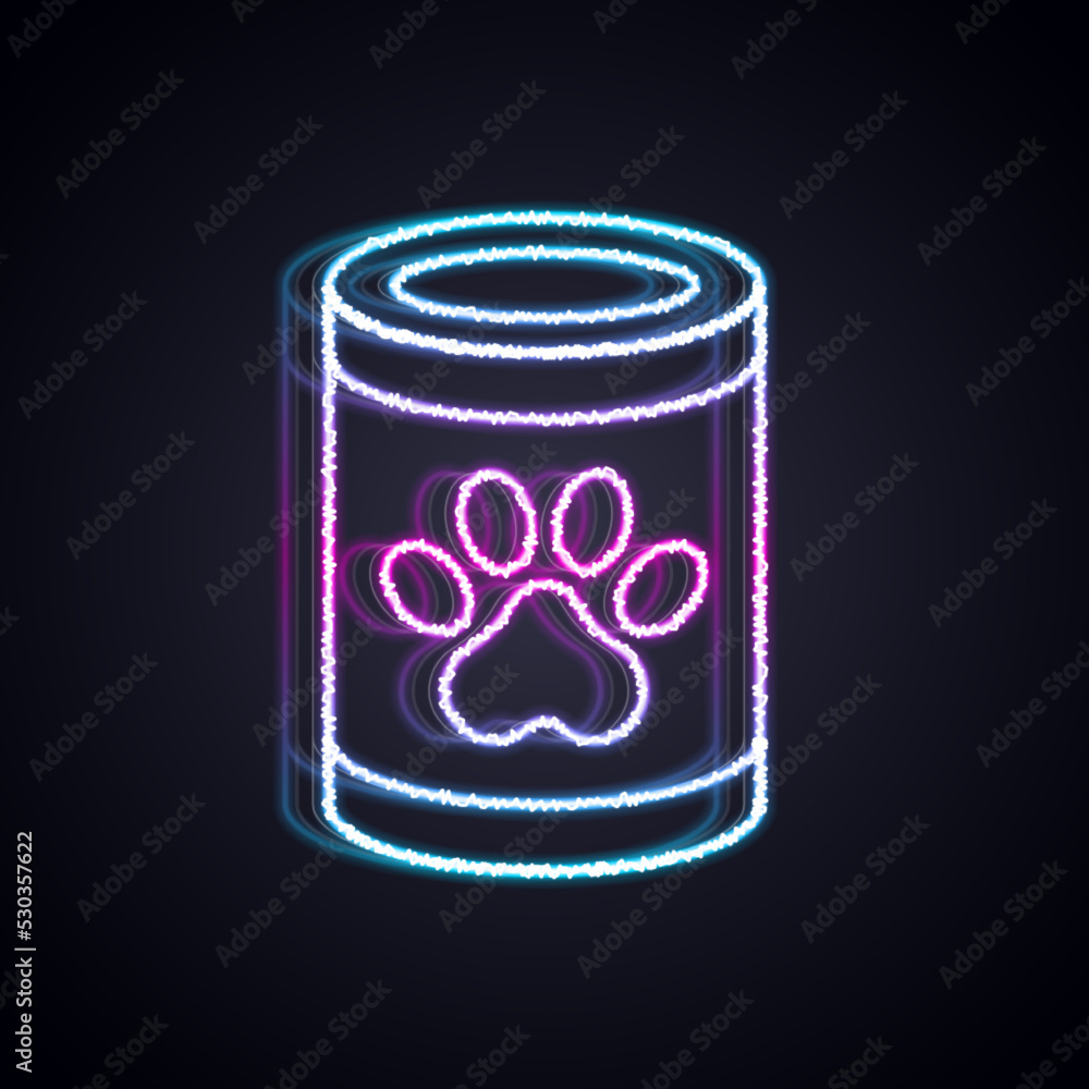 发光的霓虹灯线黑色背景上隔离的罐头食品图标。动物食品。宠物食品罐。Vec