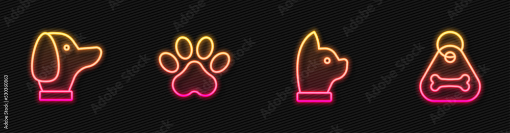 设置线条猫、狗、爪印花和带骨衣领。闪闪发光的霓虹灯图标。矢量