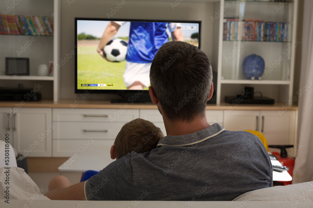 高加索父子看电视，屏幕上有足球比赛
