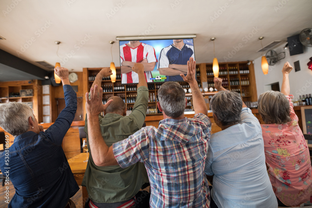 资深多元化朋友在酒吧里支持和观看电视，屏幕上有足球比赛