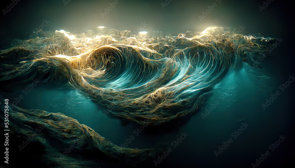 Spectacular abstract of silk is shaped like underwater wave, and light from above shines through the