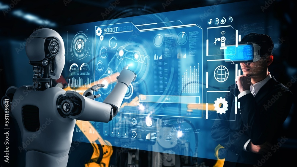 赛博化工业机器人和人类工人在未来工厂合作。人工概念
