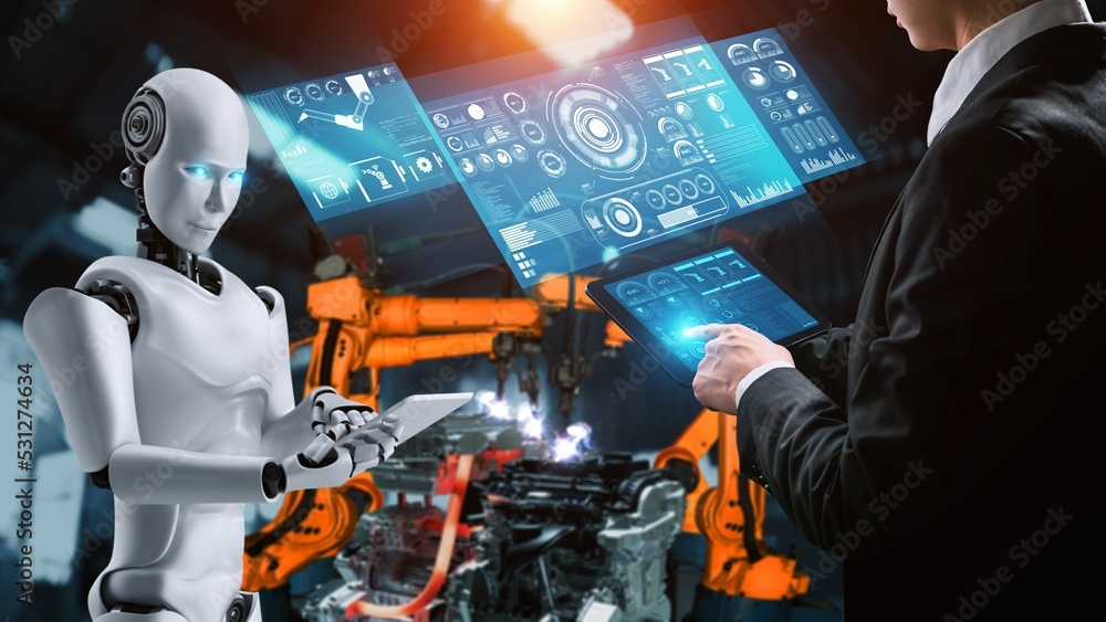 Cyberized工业机器人和人类工人在未来工厂合作。人工概念