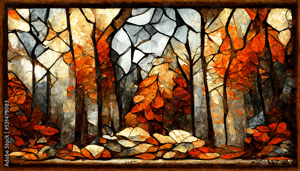 壮观的秋季抽象图案，镶嵌玻璃背景，带有橙色森林la