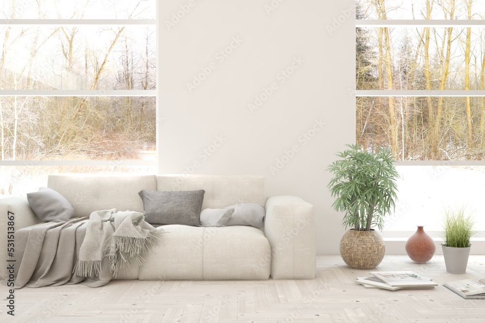 白色客厅，带沙发，窗户里有冬季景观。斯堪的纳维亚室内设计。3D插图