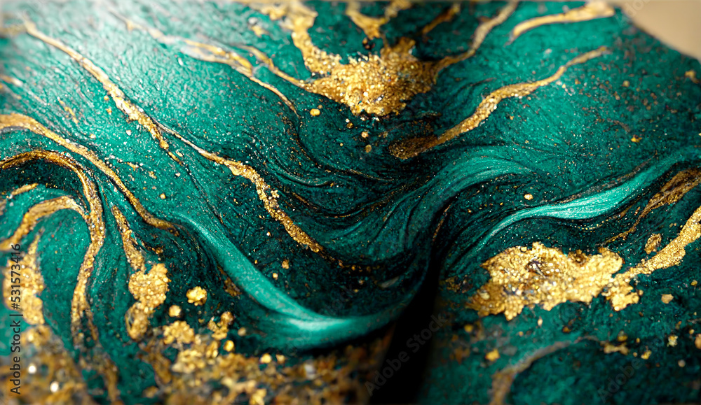 Spectacular realistic abstract backdrop of a whirlpool of teal and gold. Digital art 3D illustration