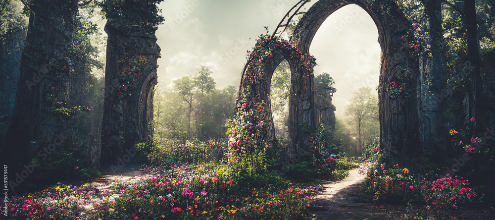 奇幻童话森林景观中间藤蔓覆盖的壮观拱门，雾蒙蒙的