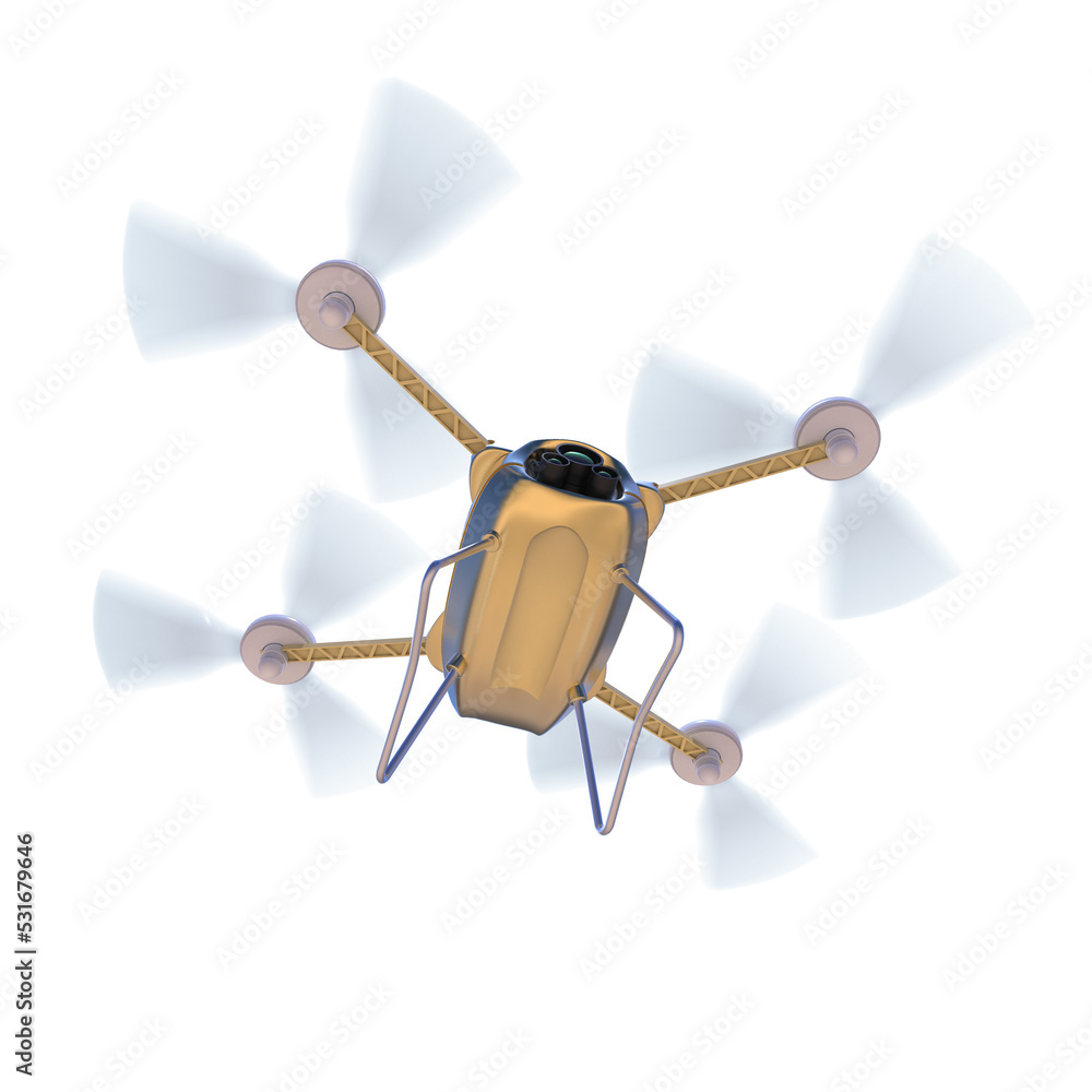 空中机器人无人机，四旋翼机，带摄像头飞行。概念悬停多旋翼机3d渲染隔离