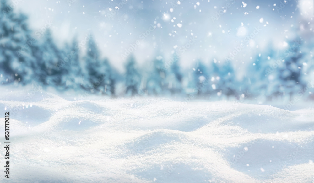 冬季森林、小雪堆和小雪的模糊图像——一个美丽的冬季主题bac
