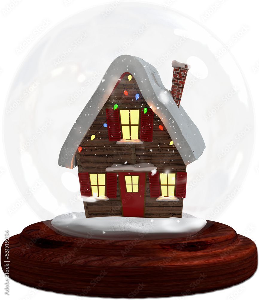 白雪覆盖的小屋的垂直图像，雪球中有五颜六色的圣诞童话灯