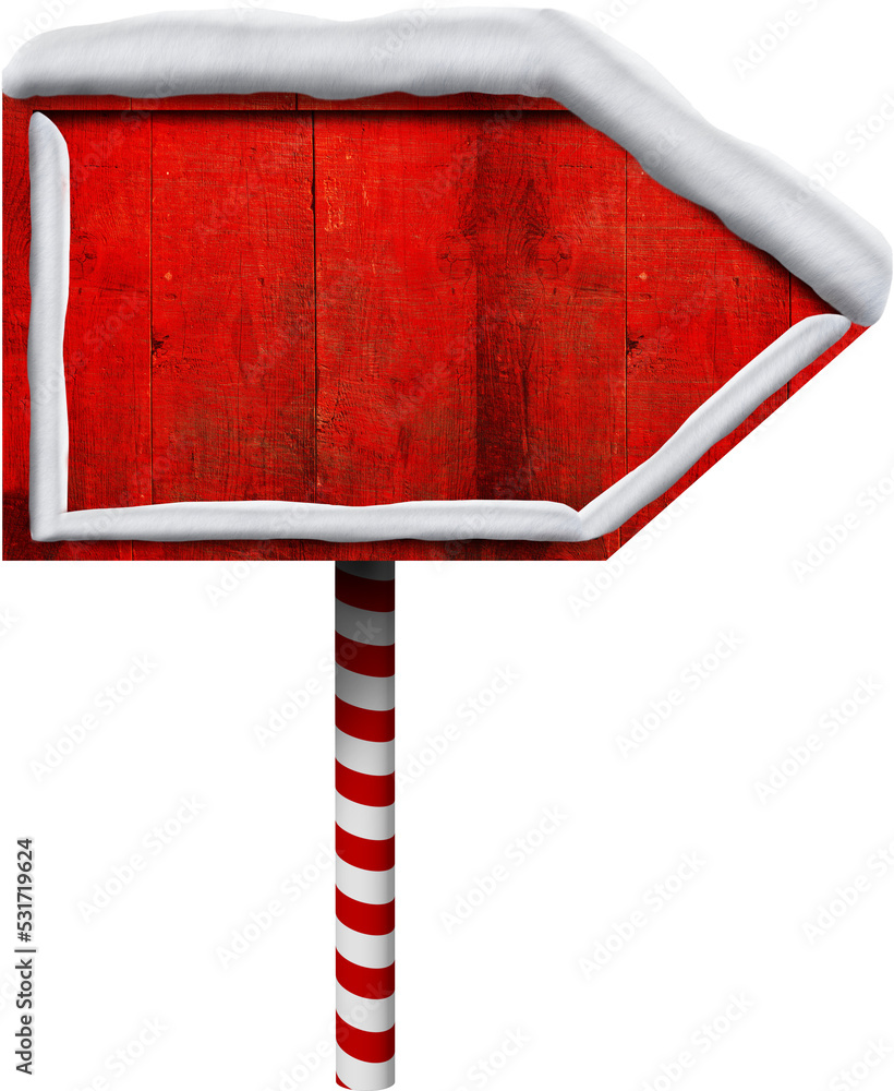 圣诞节时红白条纹柱子上被雪覆盖的木制方向标志的垂直图像