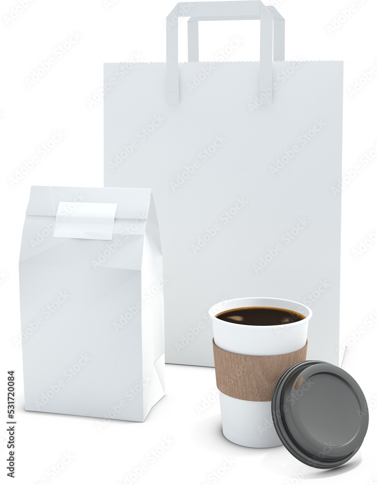 两个白色外卖食品袋和一杯外卖咖啡的垂直图像