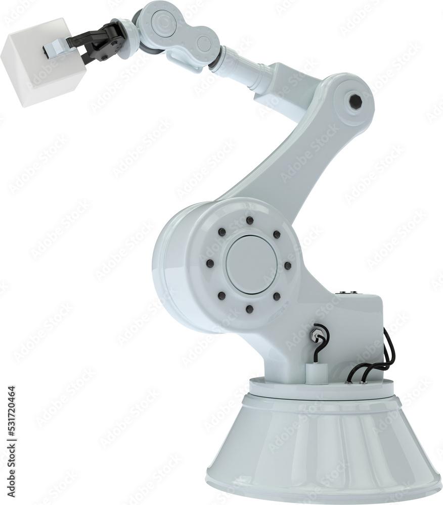 工业机器人手臂握持立方体的垂直图像