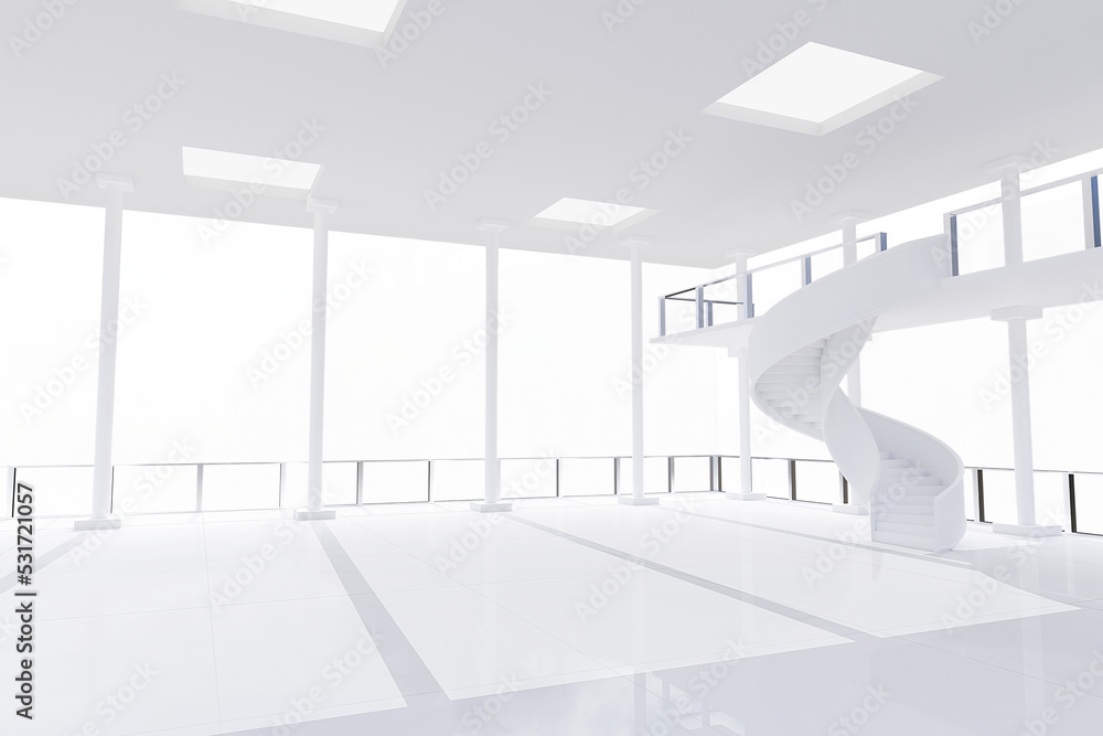 带螺旋楼梯的白色现代室内形象