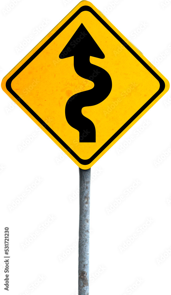 菱形黄色和黑色道路标志与弯曲道路的图像