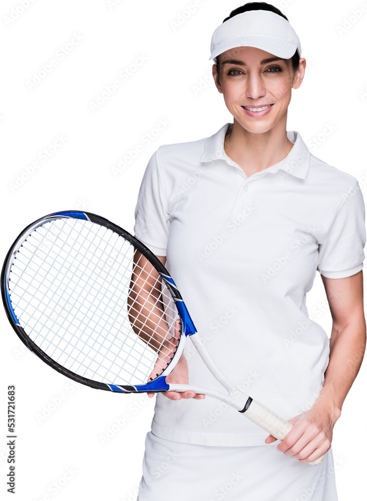 微笑的高加索女网球运动员拿着网球拍的照片