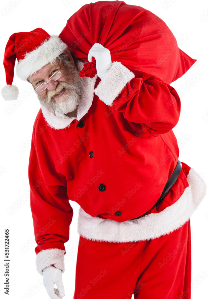 微笑的圣诞老人拿着红色袋子和圣诞礼物的照片