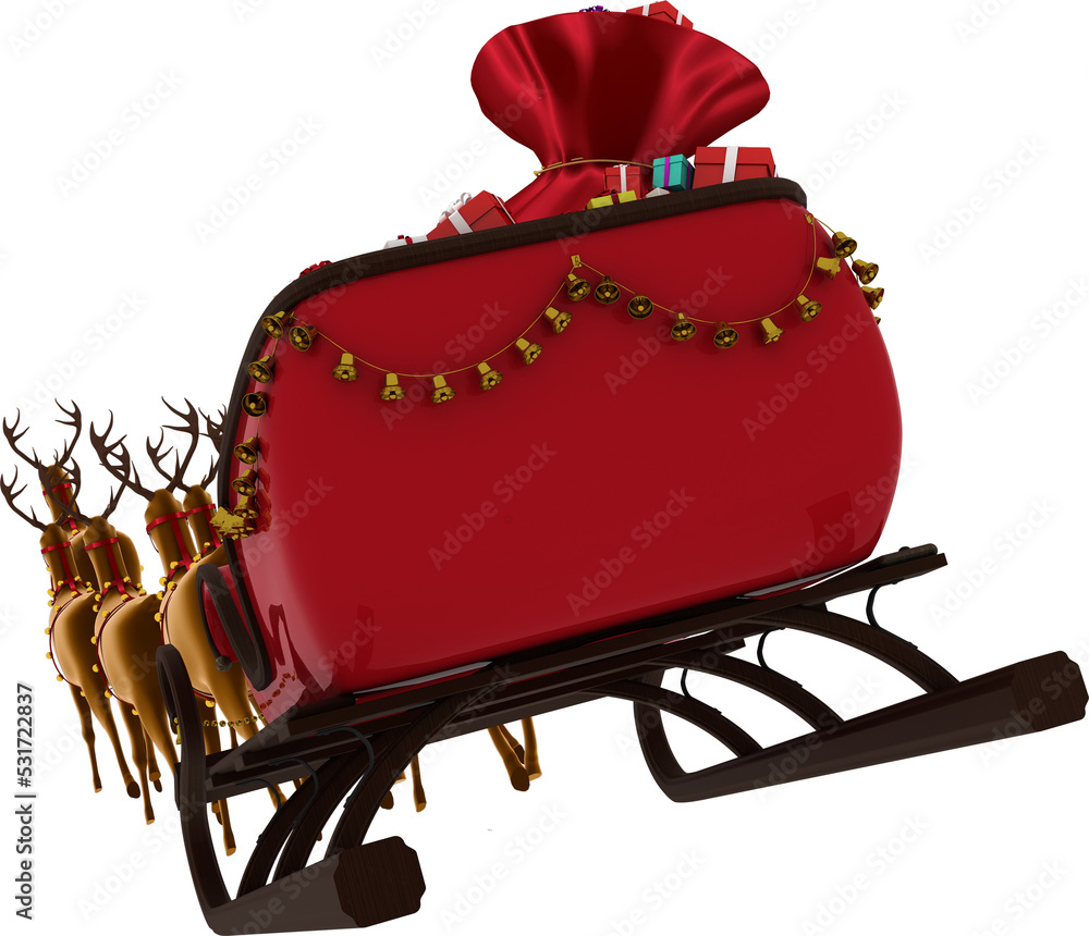 驯鹿拉着装有圣诞礼物和铃铛的桑塔斯雪橇的后视垂直图像