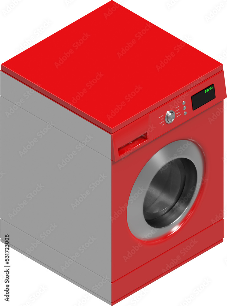 控制面板上有led时钟的红色洗衣机的垂直图像