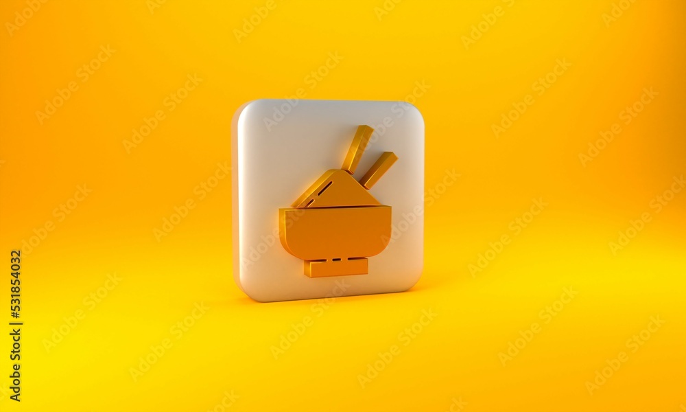 Gold Rice in a bowl with chopstick icon isolated on yellow background. Traditional Asian food. Silve
