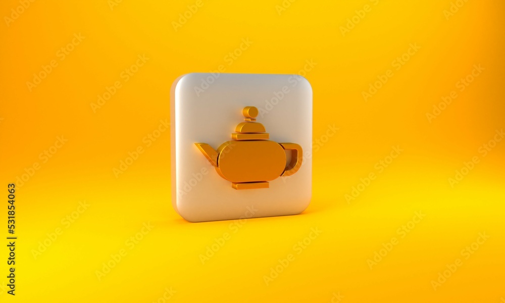 Gold Traditional Chinese tea ceremony icon isolated on yellow background. Teapot with cup. Silver sq